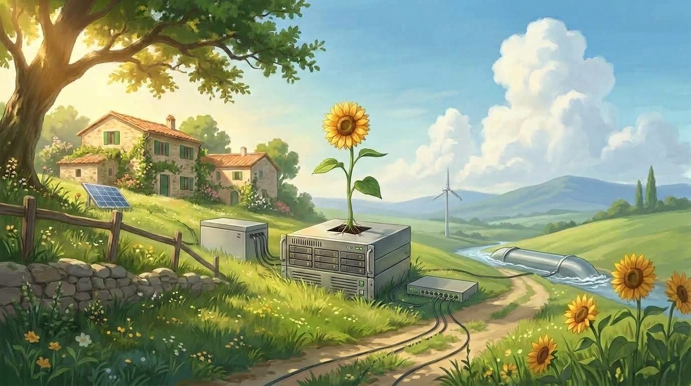 Un server tra le colline, con un girasole che cresce dal suo pannello superiore